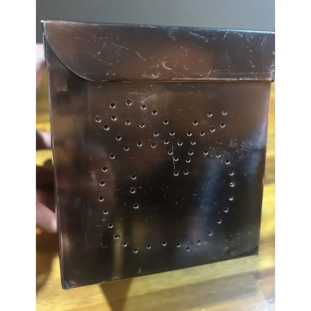 Vintage Copper Hinged Recipe Box w Dividers Punched Apple Design